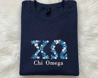 Embroidered Custom Navy Floral Sorority Sweatshirt, Floral Greek Letter Embroidery Crewneck, Navy Sorority Hoodie, Gift for Team Girls