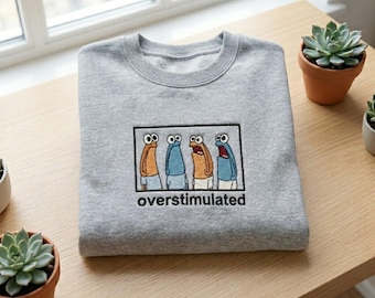 Embroidered Meep 'overstimulated' Vintage Crewneck Sweatshirt Funny Cartoon Merch Gift