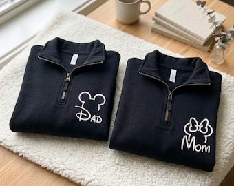 Personalized Mouse Ears Mom Dad Embroidered Quarter Zip, Matching Disney Parents Crewneck, Custom Mickey Minnie Family Zip Up Sweatshirt