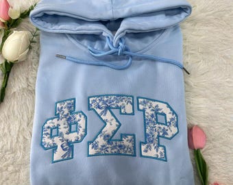 Embroidered Blue Floral Sorority Patchwork Crewneck Sweatshirt, Custom Greek Letter Fabric Applique Embroidery Hoodie, Big Little Gift