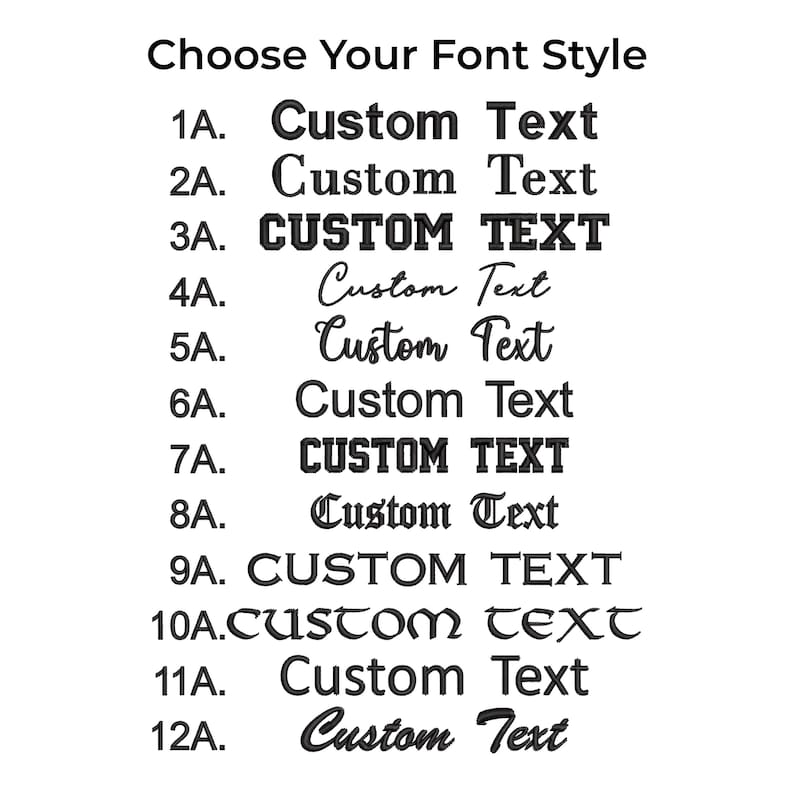 Puede incluir: Un fondo blanco muestra una selecci&oacute;n de estilos de fuente para texto personalizado. La frase "Choose Your Font Style" est&aacute; en la parte superior. Se muestran doce opciones de fuente, cada una con un n&uacute;mero y las palabras "Custom Text".