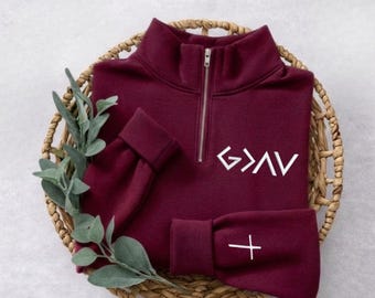 Personalized God Is Greater Than The Highs And Lows with Cross on Sleeve Embroidered Quarterzip Sweatshirt, Faith Gift, Christian Merch