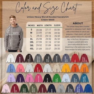 Puede incluir: Tabla de tallas y colores para una sudadera con capucha unisex. La tabla incluye medidas en pulgadas para las tallas S a 4XL. La imagen muestra una variedad de colores de sudaderas, incluyendo blanco, granate y negro.