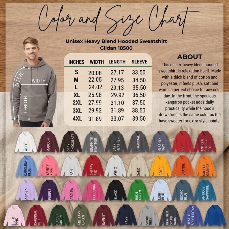 Puede incluir: Tabla de tallas y colores para una sudadera con capucha unisex. La tabla incluye medidas en pulgadas para las tallas S a 4XL. La imagen muestra una variedad de colores de sudaderas, incluyendo blanco, granate y negro.