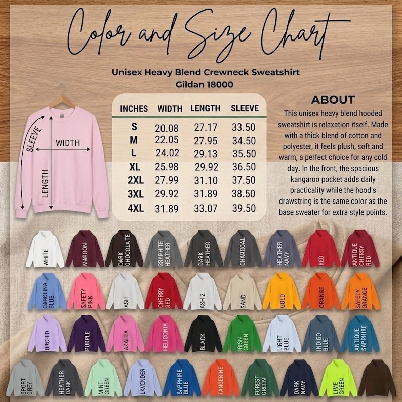 Puede incluir: Una sudadera rosa unisex de cuello redondo, con una tabla de tallas que muestra las medidas en cent&iacute;metros. La imagen muestra varios colores de sudaderas, incluyendo blanco, negro y azul. La sudadera tiene un bolsillo de canguro y una capucha con cord&oacute;n.