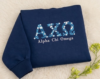 Embroidered Custom Floral Greek Letter Sweatshirt, Navy Floral Sorority Embroidery Crewneck, Greek Life Apparel, Big Little Gift