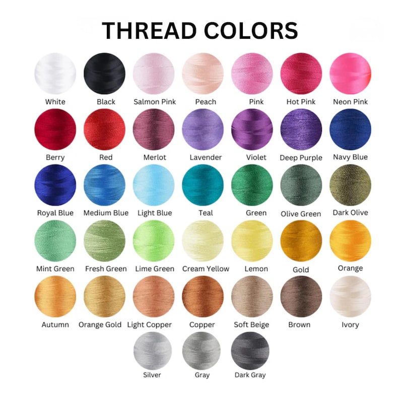 Puede incluir: Una carta de colores que muestra una variedad de colores de hilo. El texto "THREAD COLORS" est&aacute; en la parte superior. La carta incluye colores como blanco, negro, rosa, rojo, azul, verde y dorado. Cada color est&aacute; etiquetado con su nombre.