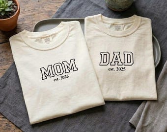Comfort Colors Matching Mom Dad Est 2026 Embroidered Shirts, New Parents Gift Set, Pregnancy Announcement Outfit, Couples Family Shirts