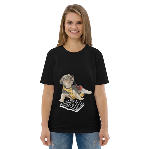 funny dog with glasses, t shirt with dog reading, funny  t shirt dog book, dog with pipe, t shirt pet, cute dog reading shirt