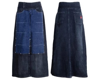 2000s Marithé + François Girbaud Vintage patchwork denim low waisted maxi runway skirt / Made in Italy