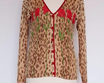 Blumarine Y2K Vintage women&#39;s animal print and red roses cardigan Size IT 48? (46,44,42)