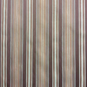 May include: Brown fabric with vertical stripes in shades of brown, white, light blue, and orange. The stripes vary in width and texture, creating a visually interesting pattern. This fabric is suitable for upholstery or home decor projects.