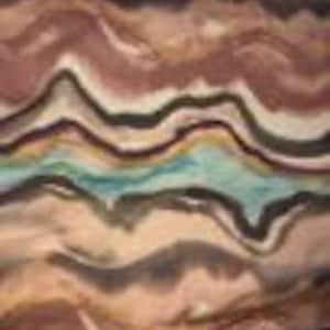May include: Abstract art piece with a flowing, layered design in shades of brown, tan, and teal. The artwork features a wavy pattern, creating a sense of movement and depth. The piece has a textured appearance, suggesting the use of mixed media or a layered painting technique.