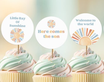 Sunshine Cupcake Toppers, Here Comes The Son Baby Shower, Dessert Toppers, Sunny Baby Shower Decor Gender Neutral baby Shower MFP14