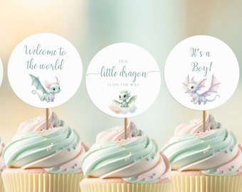 Dragon Cupcake Toppers A Little Dragon Baby Shower Printable Dessert Toppers Fantasy Magical Fairytale Baby Shower Decor Pastel Clouds MFP25