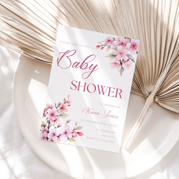 Sakura Baby Shower Invitation, Cherry Blossom Baby Shower Invite, Pink Floral Invite, Girl Baby Shower, Baby in Bloom, Spring Editable MFP53