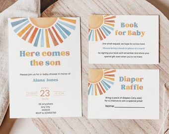 Sunshine Baby Shower Invitation Bundle, Here Comes the Son Baby Shower Invite, Ray of Sunshine Baby Shower, Summer, Editable Template MFP14