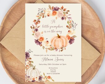 Pumpkin Baby Shower Invite, Fall Baby Shower Invite, Little Pumpkin Boho Pumpkin Floral Pumpkin Autumn Leaves Rustic Editable Template MFP08