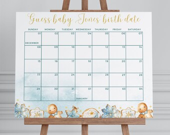 Gingerbread Baby Due Date Calendar Game, Guess Baby's Birth Date, Baby Betting Pool Baby Prediction Blue Cookie Baby Shower Game MFP32