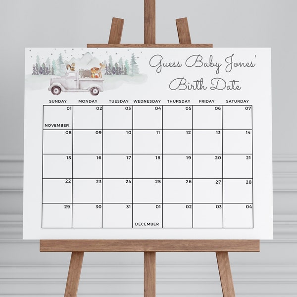 Winter Baby Due Date Calendar Game, Guess Baby's Birth Date, Baby Betting Pool Baby Prediction, Winter Truck Baby it's Cold, Woodland, MFP24