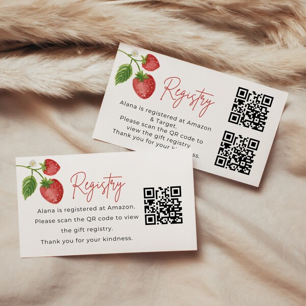 Strawberry Baby Shower QR Code Card for Online Registry, Baby Gift QR Code, Registry, Editable, Printable, Invitation Insert, Berry, MFP09