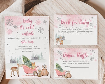 Winter Baby Shower Invitation Bundle, Pink Winter Woodland Baby Shower, Baby it's cold outside Invite, Forest Animal Invite, Editable, MFP23