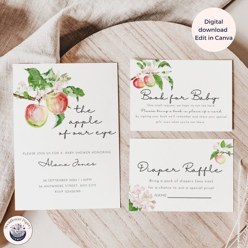 Apple Baby Shower Invitation Bundle, Apple of my eye baby shower invite, Spring, Summer, Fall, Boho Girl Baby Shower Editable Template MFP20 image 2