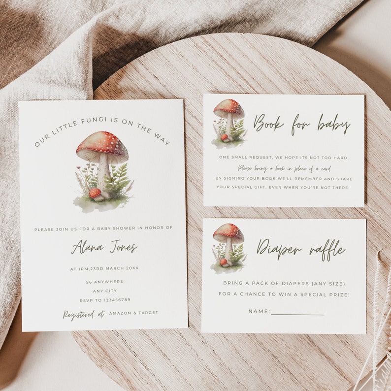 Mushroom Baby Shower Invitation Bundle, Little Fungi on the Way Invite Set, Woodland Toadstool, Cottagecore, Boy Baby Shower, Editable MFP49 image 1