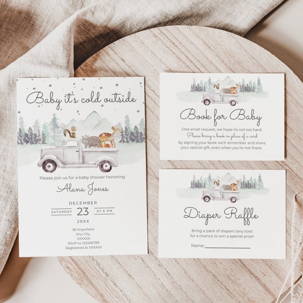 Winter Baby Shower Invitation Bundle,  Winter Truck Baby Shower Invite, Baby it's cold outside Invite, Woodland Animal Invite Editable MFP24