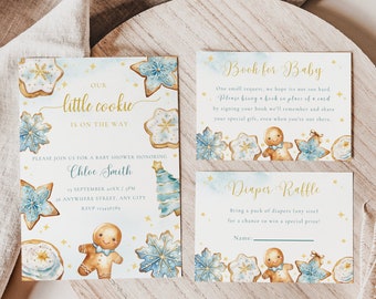 Gingerbread Baby Shower Invitation Bundle, A Little Cookie is on the Way, Blue Christmas Invite, Diaper Raffle, Book for Baby Editable MFP32
