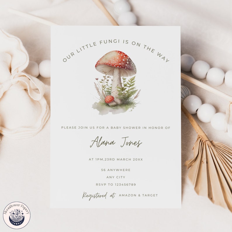 Mushroom Baby Shower Invitation Bundle, Little Fungi on the Way Invite Set, Woodland Toadstool, Cottagecore, Boy Baby Shower, Editable MFP49 image 3