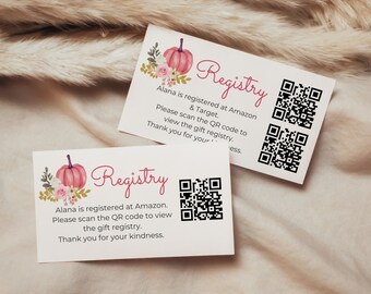 Pumpkin Gift Registry QR Code Card, Pink Pumpkin Baby Shower, Editable Registry QR Code, Editable, Fall Registry Card, Online Registry MFP21