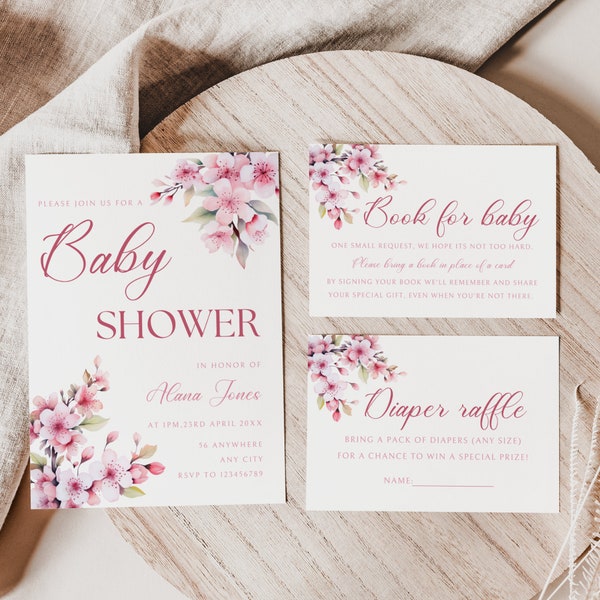 Sakura Baby Shower Invitation Bundle, Cherry Blossom Invite Set, Pink Floral, Girl Baby Shower, Diaper Raffle, Book for Baby, Editable MFP53