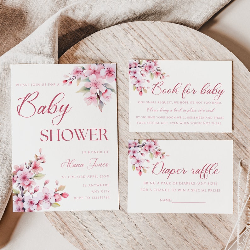 Sakura Baby Shower Invitation Bundle, Cherry Blossom Invite Set, Pink Floral, Girl Baby Shower, Diaper Raffle, Book for Baby, Editable MFP53 image 1