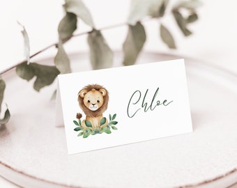 Safari Baby Shower Place Card, Jungle Animal Seating Card, A Little Wild One, Lion, Greenery, Editable Template, Digital Download MFP28