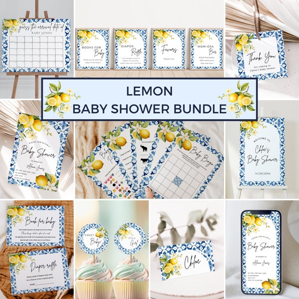 Lemon Baby Shower Bundle, Blue Tile and Lemon Invitation Bundle, Citrus Shower, Mediterranean Baby Shower Games and Signs, Editable MFP43