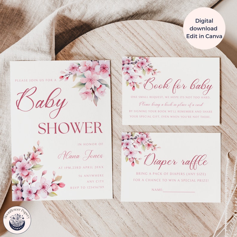 Sakura Baby Shower Invitation Bundle, Cherry Blossom Invite Set, Pink Floral, Girl Baby Shower, Diaper Raffle, Book for Baby, Editable MFP53 image 2