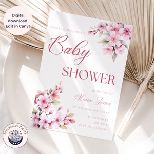 Sakura Baby Shower Invitation Bundle, Cherry Blossom Invite Set, Pink Floral, Girl Baby Shower, Diaper Raffle, Book for Baby, Editable MFP53 image 3