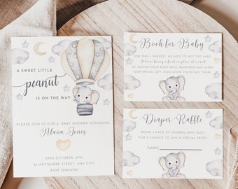 Elephant Baby Shower Invitation Bundle, A Little Peanut is on the Way Invite, Diaper Raffle, Book for Baby, Hot Air Balloon, Editable MFP30