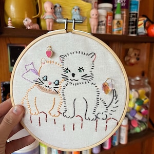 Lovers Cats Embroidery – 6” Hoop, Handmade Kitty Art with Charms