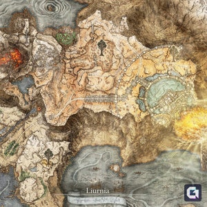 May include: A detailed map of Liurnia, a region in a fantasy video game. The map is drawn in a vintage style with brown, beige, and blue colours. The map shows various landmarks, including a large lake, a forest, and a town.