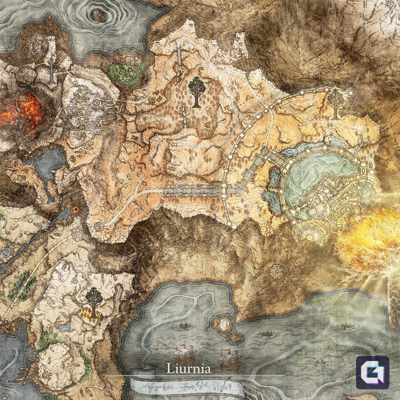 May include: A detailed map of Liurnia, a region in a fantasy video game. The map is drawn in a vintage style with brown, beige, and blue colours. The map shows various landmarks, including a large lake, a forest, and a town.
