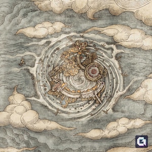 May include: A detailed illustration of a circular island with a swirling vortex in the centre. The island is surrounded by clouds and a textured background.