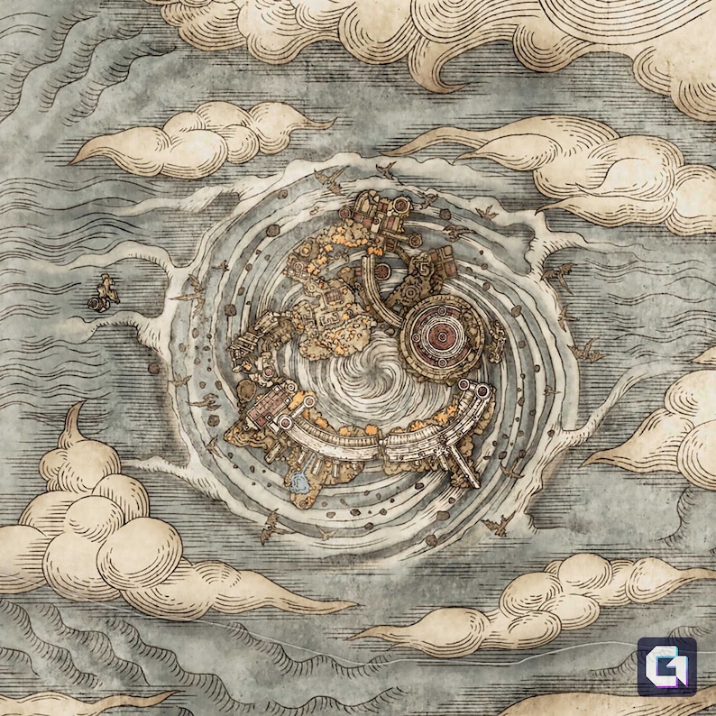 May include: A detailed illustration of a circular island with a swirling vortex in the centre. The island is surrounded by clouds and a textured background.