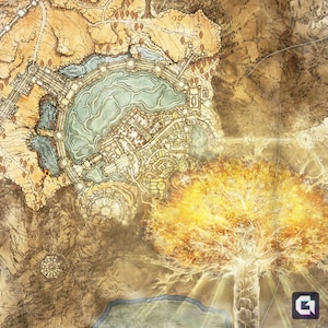 May include: A detailed map of a fantasy city with a large lake in the centre. The city is surrounded by a wall and has many buildings and streets. A large, glowing tree is in the bottom right corner of the map.