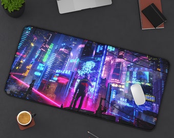 Cyberpunk Skater Desk Mat, High-Quality Desk Mat, Cyberpunk, Cyberpunk City, Cyber City, Night City, Gaming Desk Mat, Long Mouse Pad