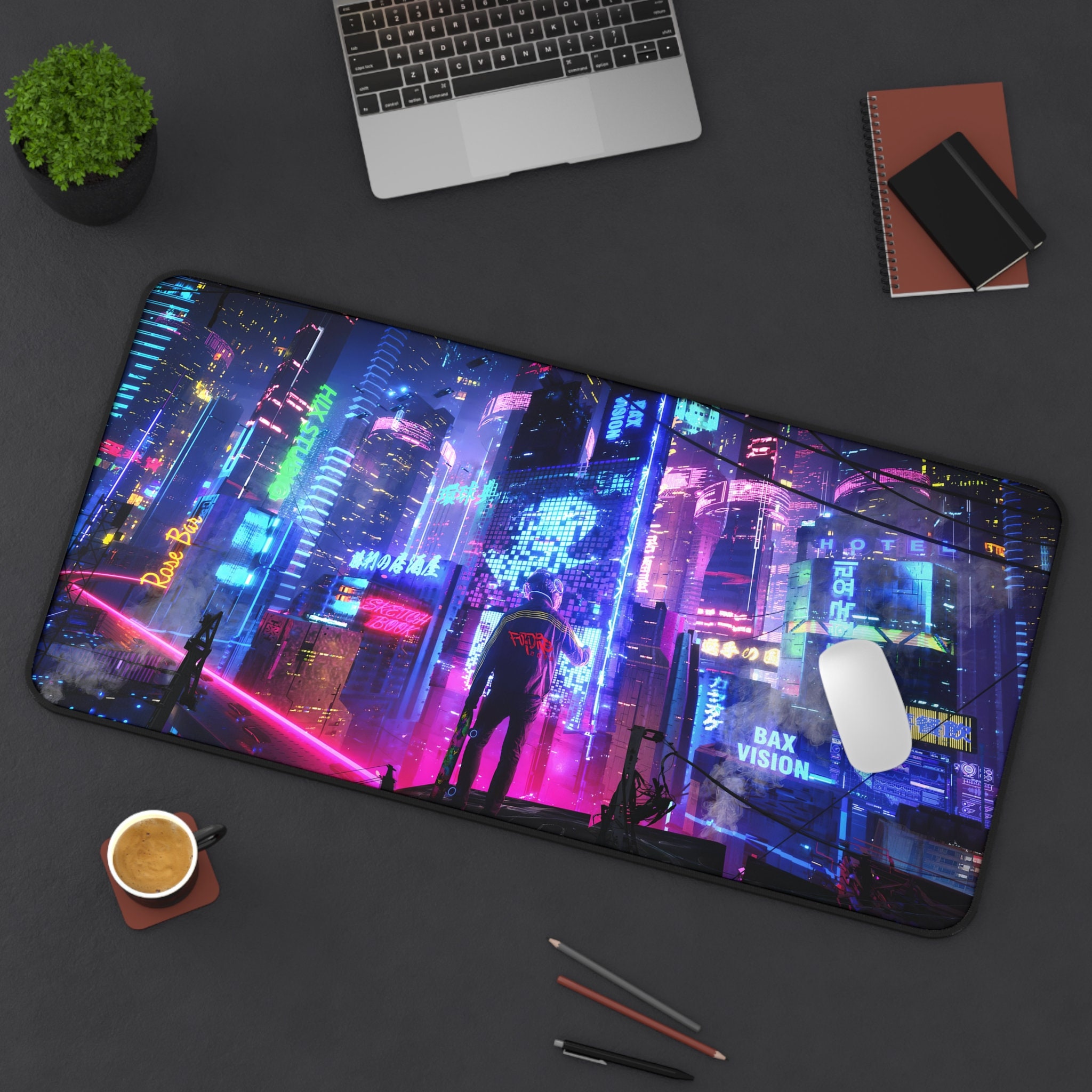 Cyberpunk Skater Desk Mat, High-Quality Desk Mat, Cyberpunk, Cyberpunk City, Cyber City, Night City, Gaming Desk Mat, Long Mouse Pad