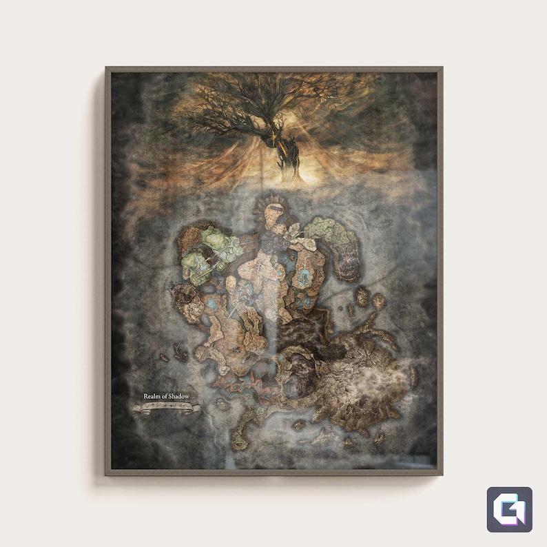 May include: A framed map of the Realm of Shadow, a fantasy world with a detailed, intricate design. The map is in shades of brown, grey, and blue, with a large tree at the top. The text "Realm of Shadow" is visible at the bottom of the map.