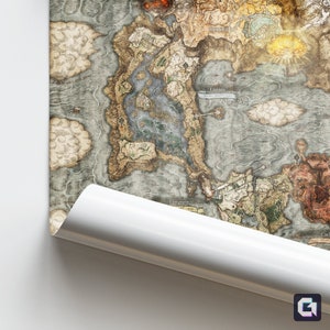 May include: A detailed map of the fantasy world of Limgrave, featuring various locations and landmarks. The map is drawn in a vintage style with a parchment-like texture and faded colours. The map includes the names of locations such as Limgrave, Caelid, and Liurnia.