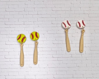 Baseball and Softball with Bat Earrings | Sports Jewelry |  Softball Mom Earrings